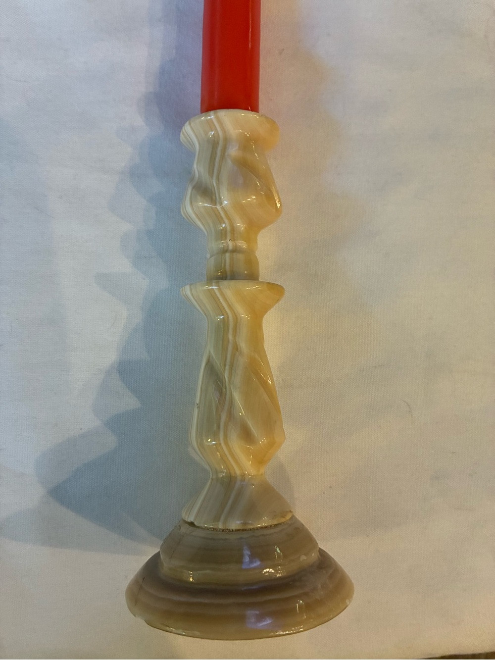 Hand-Carved Beige Striped Onyx Candlestick Holder